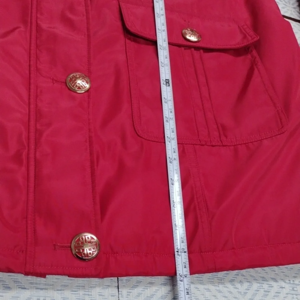 Dennis Basso Red Hooded Puffer Coat with Fur Trim - Picture 11 of 16
